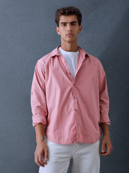 Men Relax fit Retro Coral Pink Solid Peach Cotton Casual Shirt