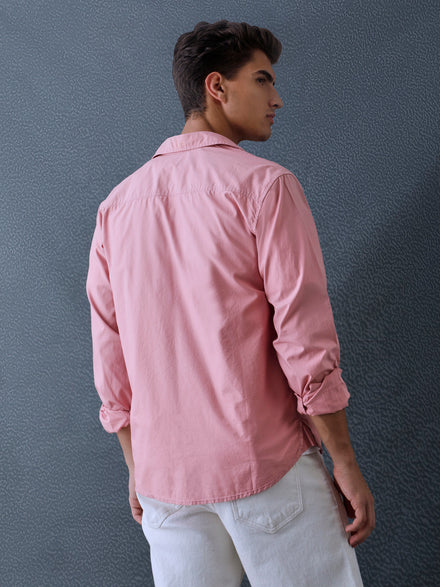 Men Relax fit Retro Coral Pink Solid Peach Cotton Casual Shirt