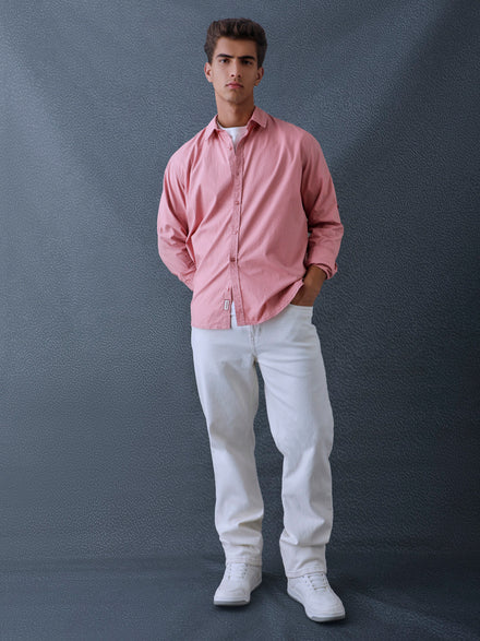Men Relax fit Retro Coral Pink Solid Peach Cotton Casual Shirt