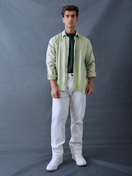 Men Relax fit Pista Green Solid Peach Cotton Casual Shirt