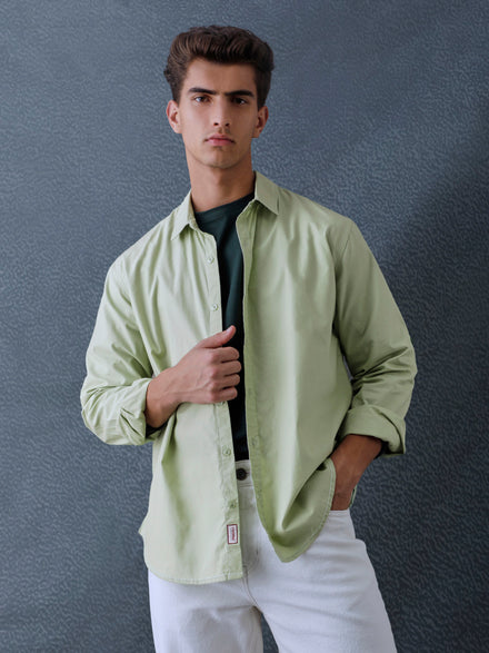 Men Relax fit Pista Green Solid Peach Cotton Casual Shirt