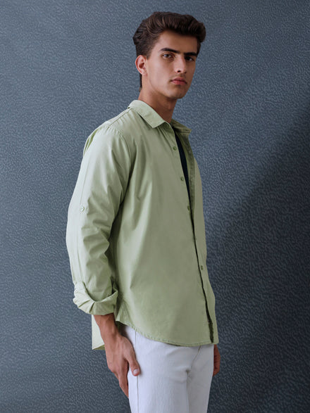 Men Relax fit Pista Green Solid Peach Cotton Casual Shirt