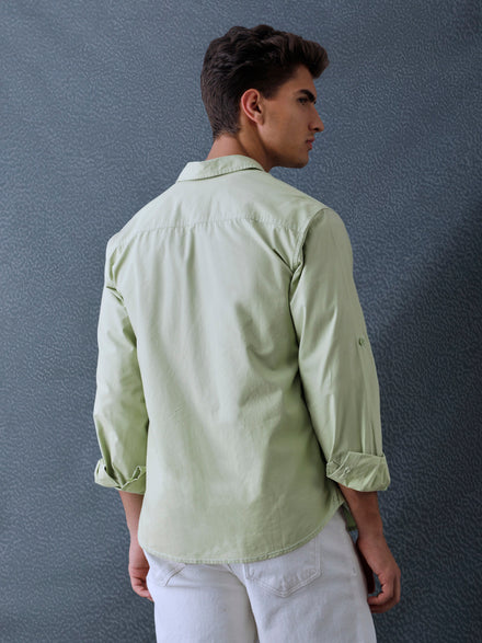 Men Relax fit Pista Green Solid Peach Cotton Casual Shirt