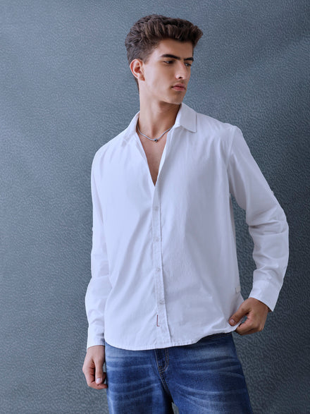 Men Relax fit White Solid Peach Cotton Casual Shirt