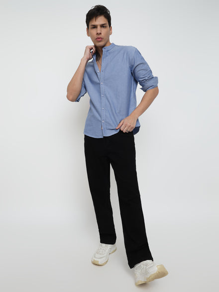 Men Regular Fit Pace Fine Textured Premium Cotton Solid Blue Shirt