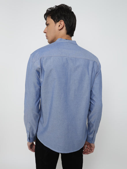 Men Regular Fit Pace Fine Textured Premium Cotton Solid Blue Shirt
