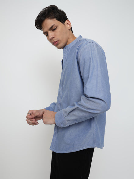 Men Regular Fit Pace Fine Textured Premium Cotton Solid Blue Shirt