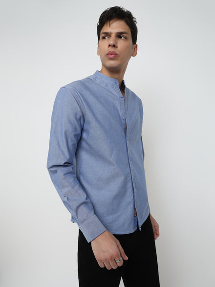 Men Regular Fit Pace Fine Textured Premium Cotton Solid Blue Shirt