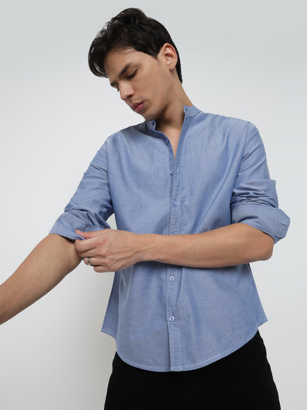 Men Regular Fit Pace Fine Textured Premium Cotton Solid Blue Shirt