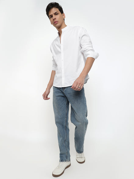 Men Relaxed Fit Pace Fine Textured Premium Cotton Solid White Shirt
