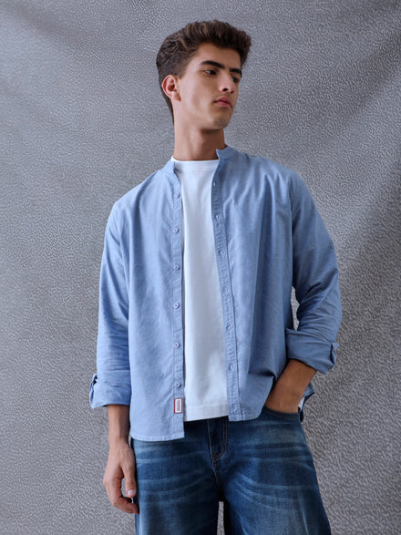 Men Regular Fit Pace Fine Textured Premium Cotton Solid Blue Shirt