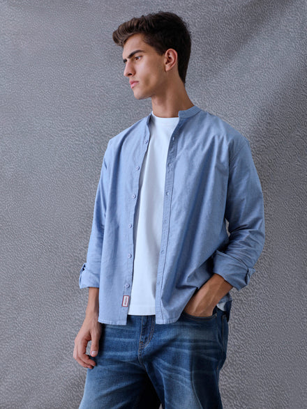 Men Regular Fit Pace Fine Textured Premium Cotton Solid Blue Shirt