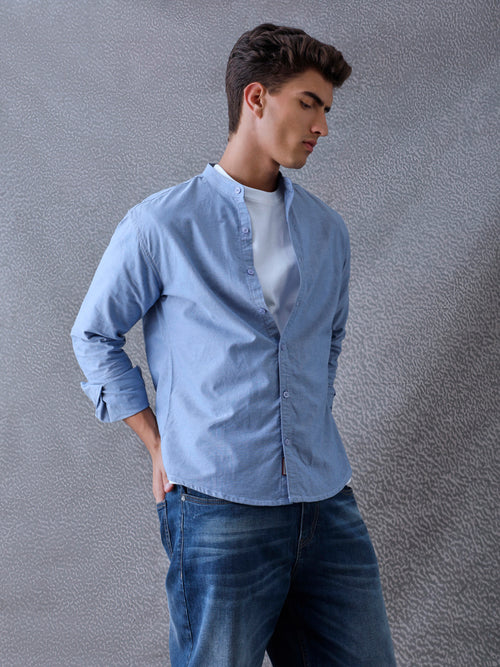 Men Regular Fit Pace Fine Textured Premium Cotton Solid Blue Shirt