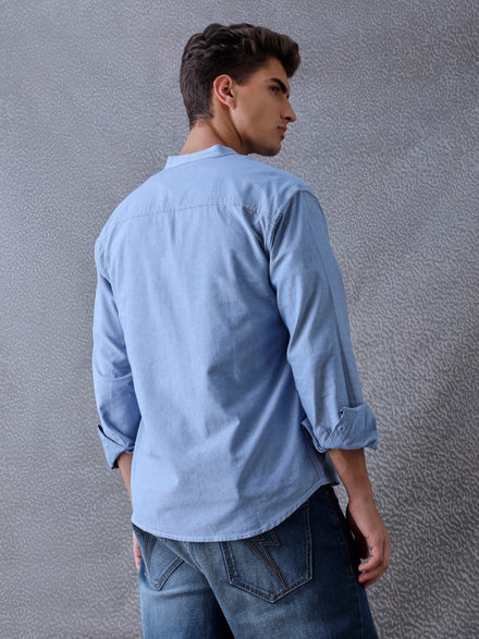 Men Regular Fit Pace Fine Textured Premium Cotton Solid Blue Shirt