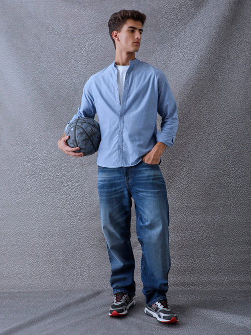 Men Regular Fit Pace Fine Textured Premium Cotton Solid Blue Shirt