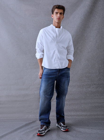 Men Relaxed Fit Pace Fine Textured Premium Cotton Solid White Shirt