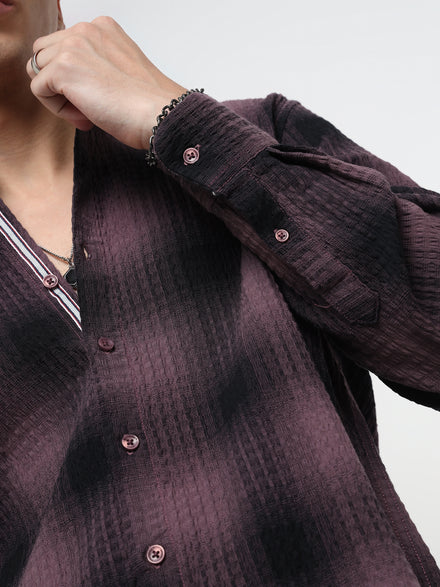 Men Relaxed Fit Cotton Textured Check Mandarin Collar Grey White Cotton Plaid Shirt