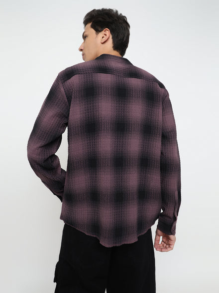 Men Relaxed Fit Cotton Textured Check Mandarin Collar Grey White Cotton Plaid Shirt