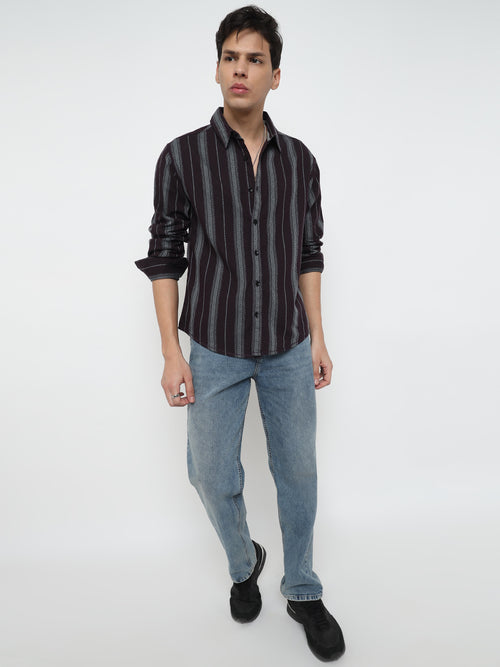 Men Relax Fit Premium Cotton Wine And Grey Vertical Striped Casual Shirt