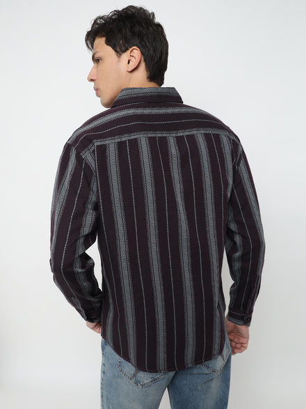 Men Relax Fit Premium Cotton Wine And Grey Vertical Striped Casual Shirt