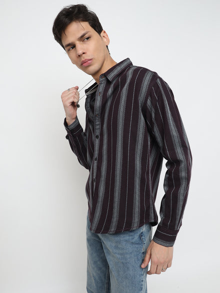 Men Relax Fit Premium Cotton Wine And Grey Vertical Striped Casual Shirt