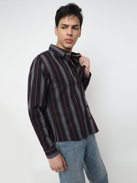 Men Relax Fit Premium Cotton Wine And Grey Vertical Striped Casual Shirt