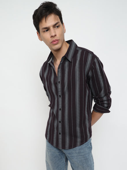 Men Relax Fit Premium Cotton Wine And Grey Vertical Striped Casual Shirt
