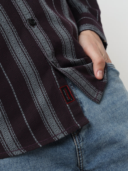 Men Relax Fit Premium Cotton Wine And Grey Vertical Striped Casual Shirt