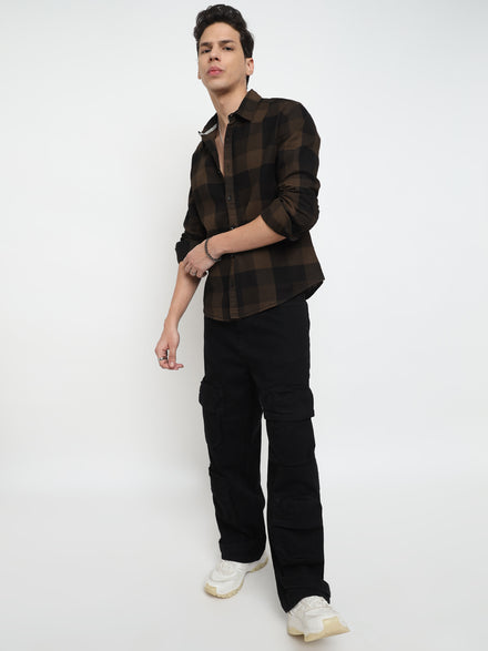 Men Regular Fit Waffle Structured Window Check Print Black Choco Brown Casual Shirt