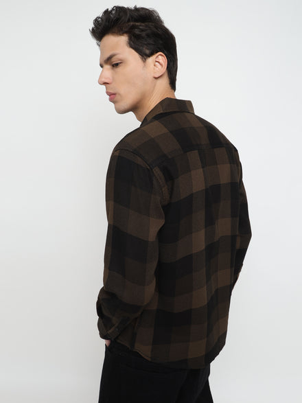 Men Regular Fit Waffle Structured Window Check Print Black Choco Brown Casual Shirt
