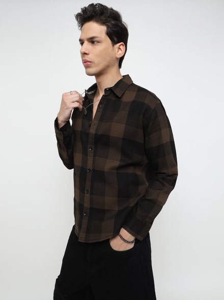 Men Regular Fit Waffle Structured Window Check Print Black Choco Brown Casual Shirt