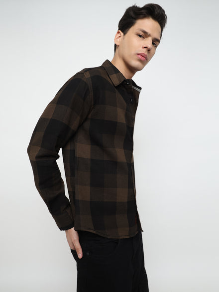 Men Regular Fit Waffle Structured Window Check Print Black Choco Brown Casual Shirt