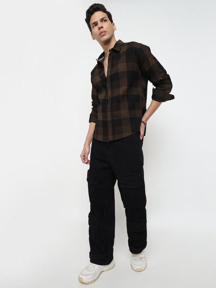 Men Regular Fit Waffle Structured Window Check Print Black Choco Brown Casual Shirt