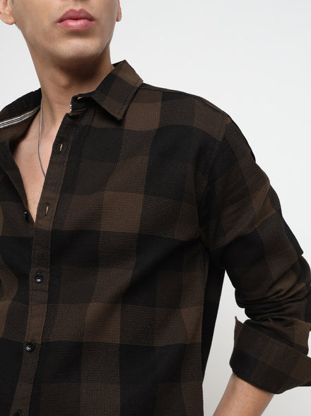 Men Regular Fit Waffle Structured Window Check Print Black Choco Brown Casual Shirt
