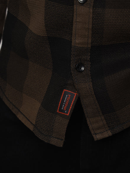 Men Regular Fit Waffle Structured Window Check Print Black Choco Brown Casual Shirt