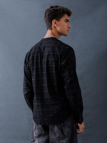Men Relax fit Black Checked Structured Mandarin Collar Casual Shirt