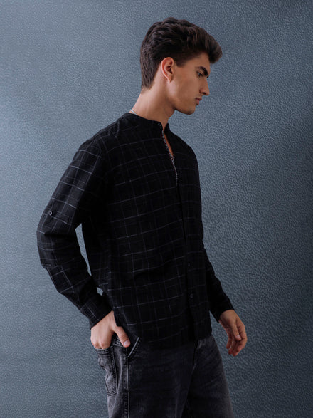 Men Relax fit Black Checked Structured Mandarin Collar Casual Shirt