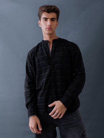 Men Relax fit Black Checked Structured Mandarin Collar Casual Shirt