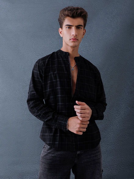 Men Relax fit Black Checked Structured Mandarin Collar Casual Shirt
