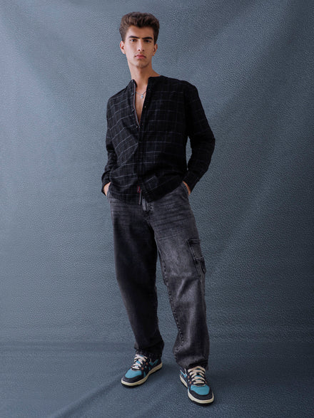 Men Relax fit Black Checked Structured Mandarin Collar Casual Shirt