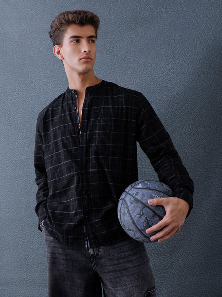 Men Relax fit Black Checked Structured Mandarin Collar Casual Shirt