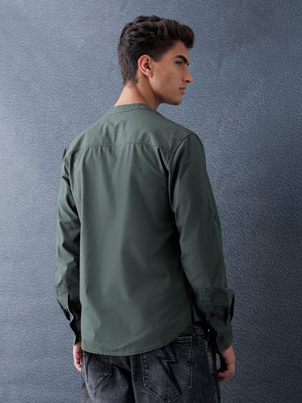 Men Relax fit Olive Solid Peach Cotton Mandarin Collar Casual Shirt