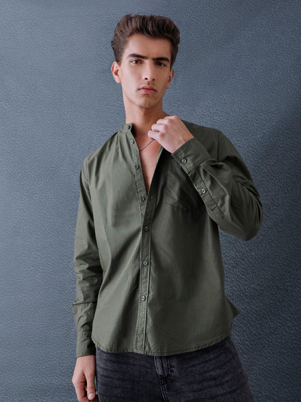 Men Relax fit Olive Solid Peach Cotton Mandarin Collar Casual Shirt