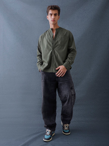 Men Relax fit Olive Solid Peach Cotton Mandarin Collar Casual Shirt