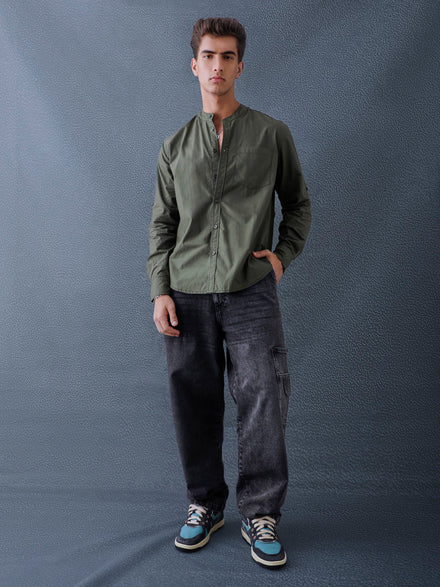 Men Relax fit Olive Solid Peach Cotton Mandarin Collar Casual Shirt