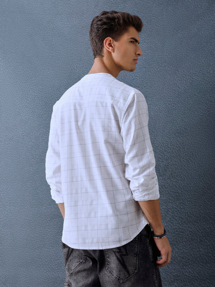 Men Relax fit White Checked Structured Mandarin Collar Casual Shirt