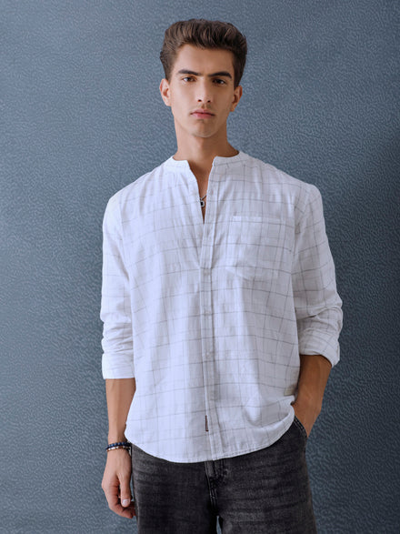 Men Relax fit White Checked Structured Mandarin Collar Casual Shirt