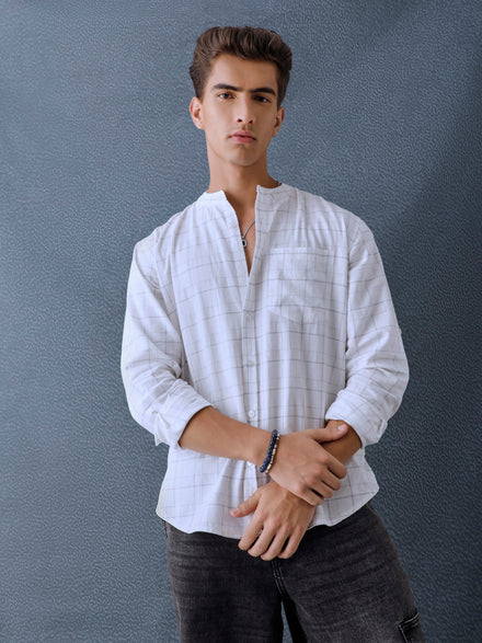 Men Relax fit White Checked Structured Mandarin Collar Casual Shirt