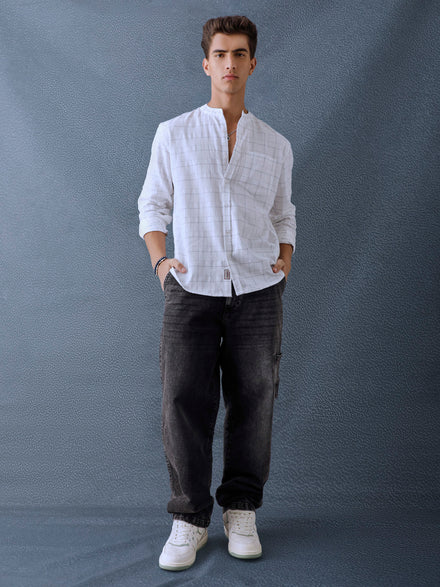 Men Relax fit White Checked Structured Mandarin Collar Casual Shirt