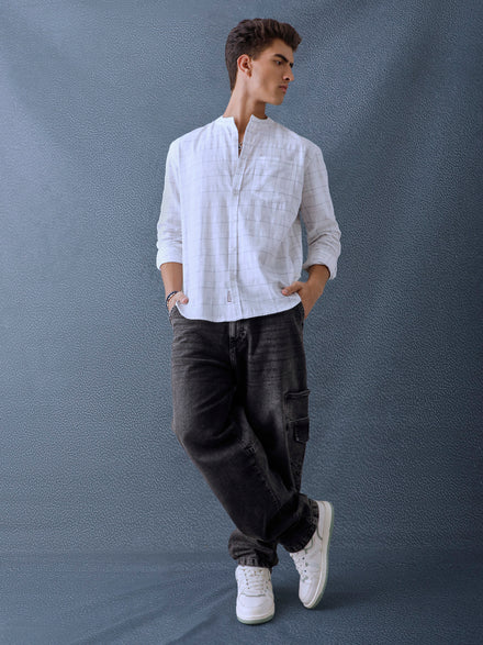 Men Relax fit White Checked Structured Mandarin Collar Casual Shirt